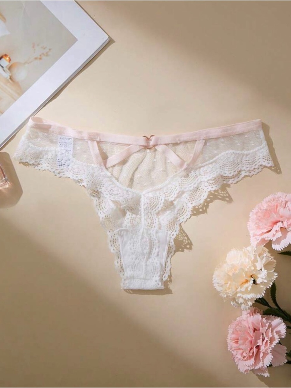 Delicate Lace Thong Panty - White with Soft Pink Trim